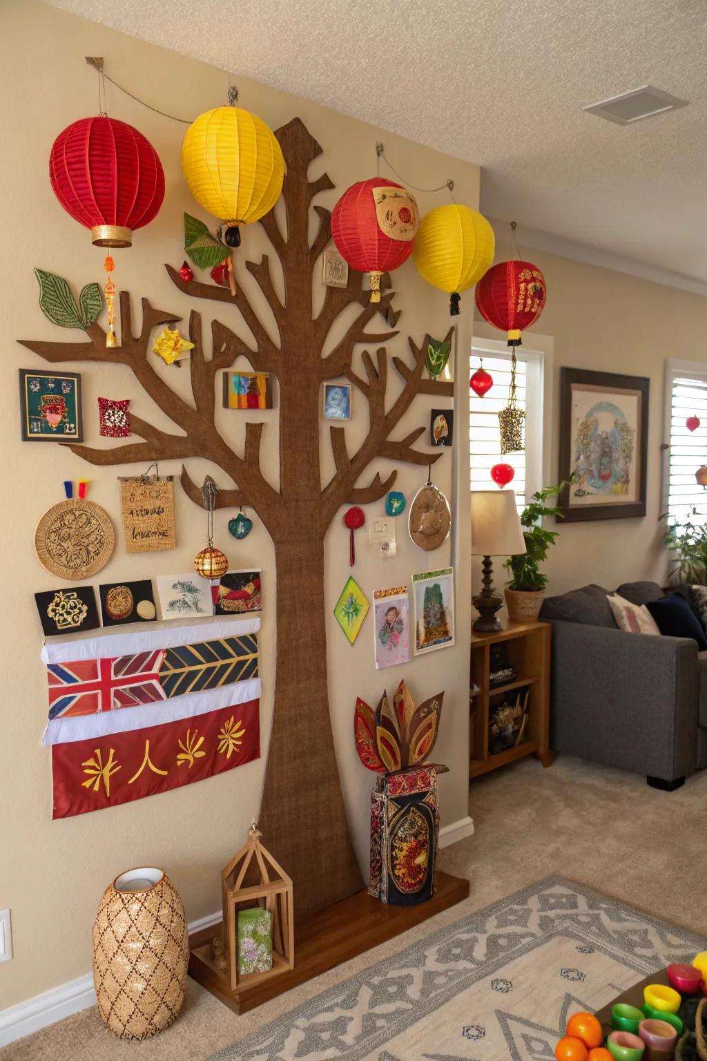 A cultural celebration tree bulletin board featuring varied symbols.