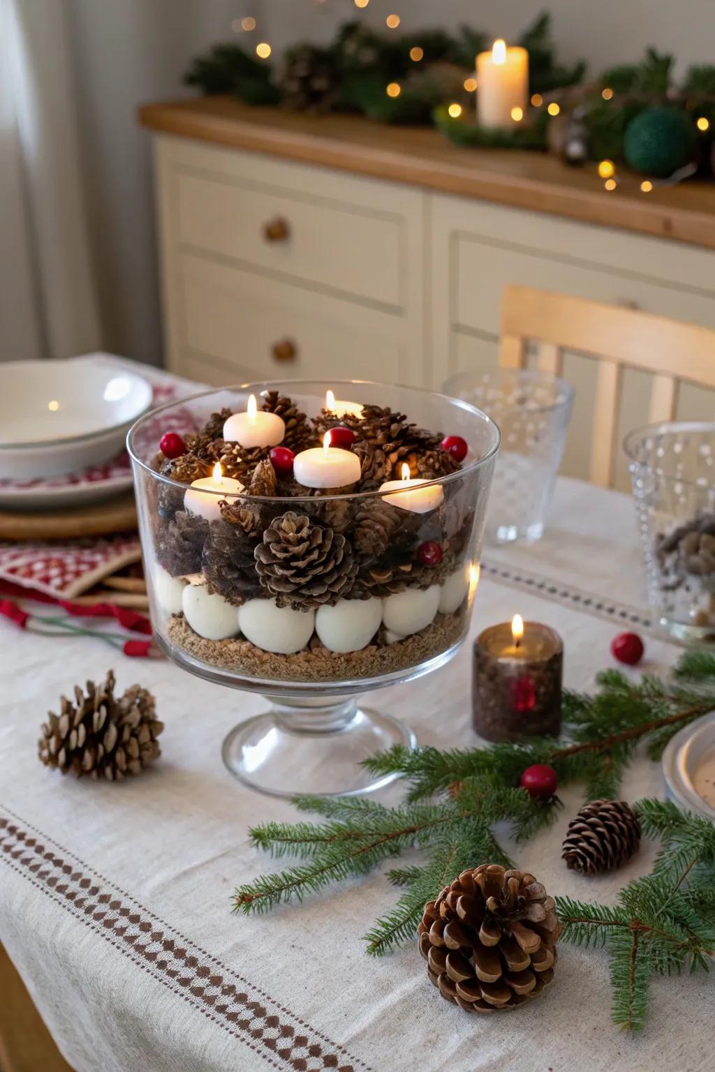 A trifle bowl creating a cozy winter ambiance with candles.