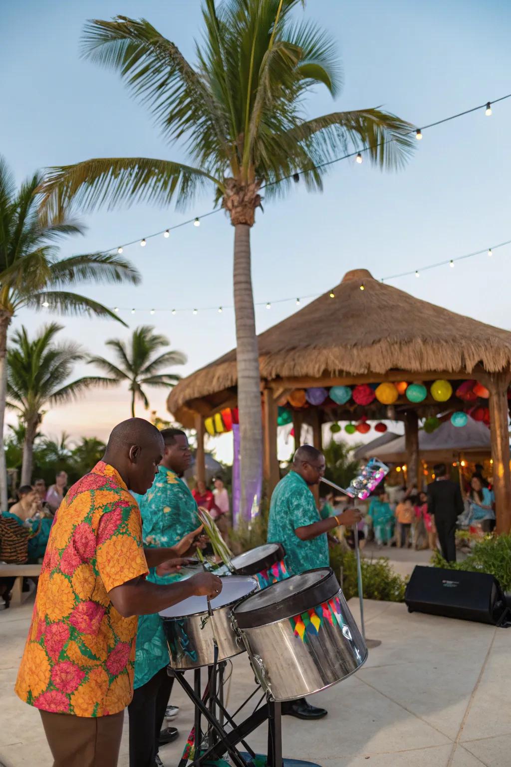 Live music from a steel drum ensemble sets the mood.