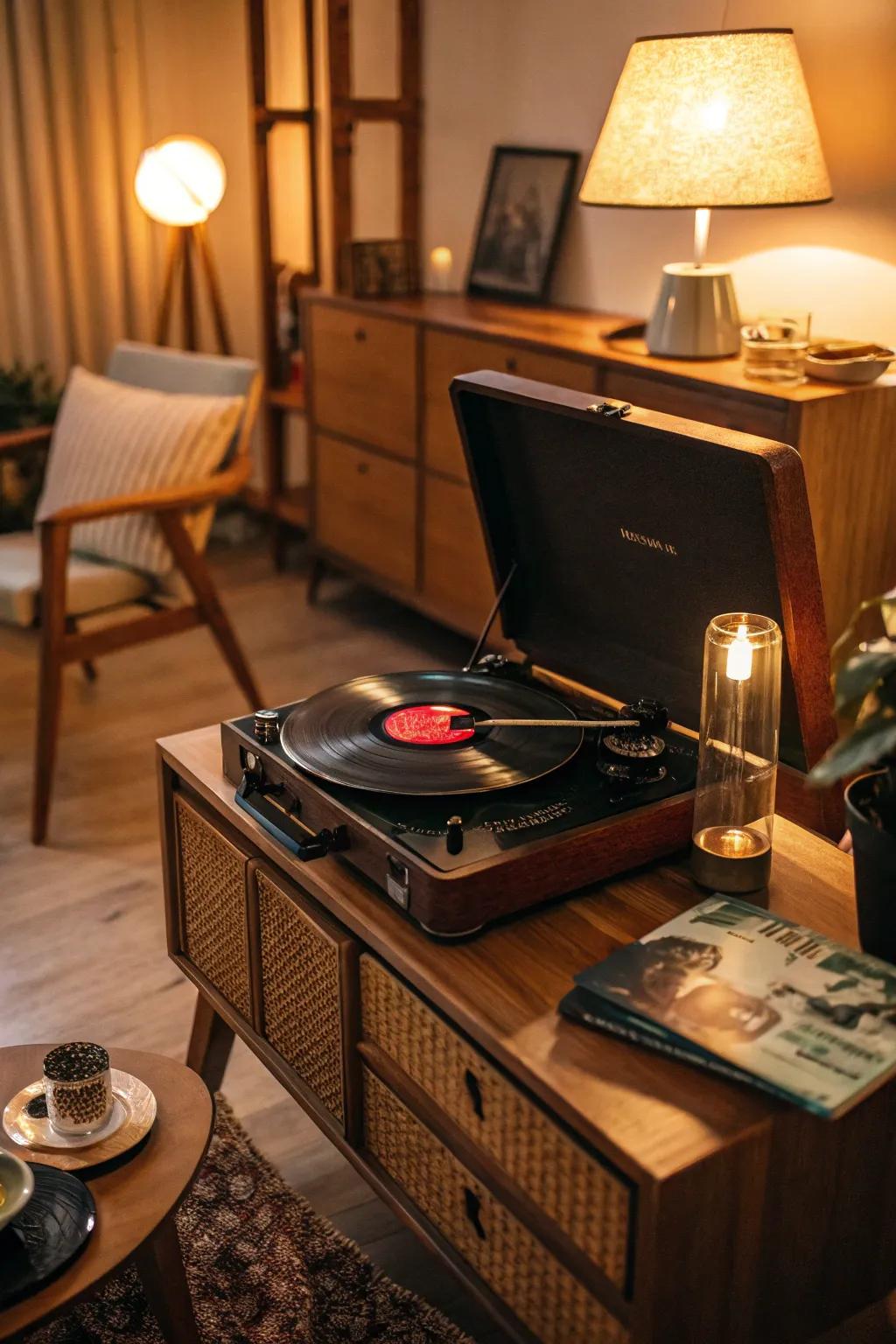 Vintage-inspired lighting adding charm to a turntable space.
