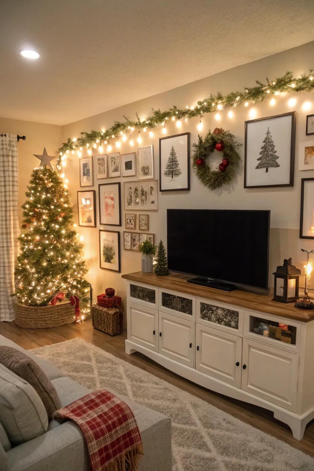 Seasonal decor maintains this television gallery wall's freshness.