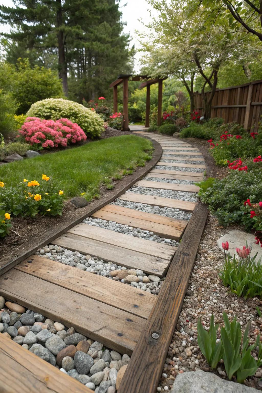 Paths that mix materials introduce texture and dimension to garden landscapes.