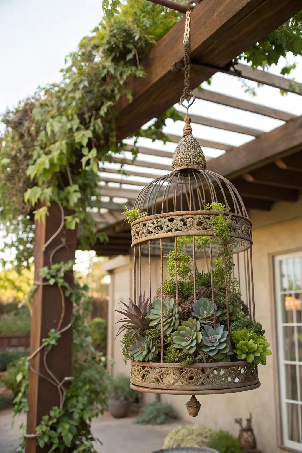 A decorative birdcage functions as an elegant focal point for succulents.