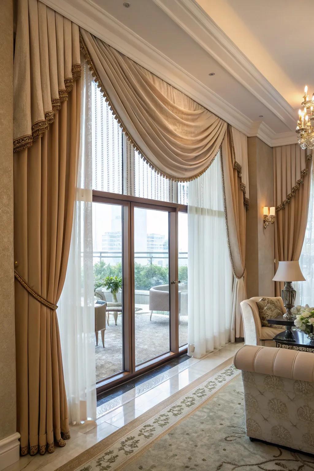 A window using a layered cloth valance in an elegant family room.