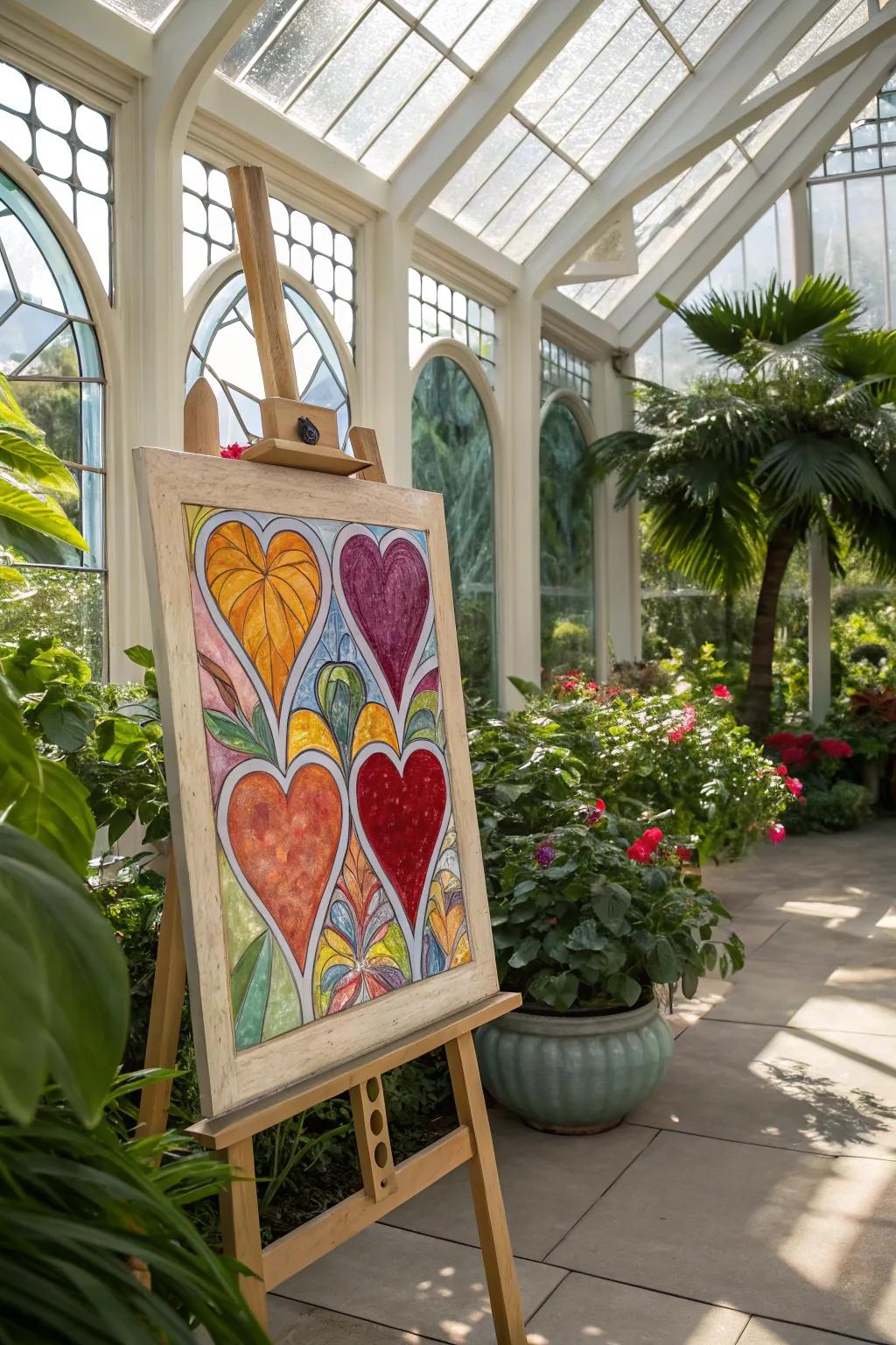 Multi-colored glass heart prints interact wonderfully with light.