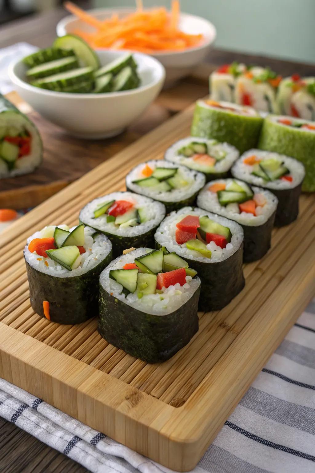 Vegetable sushi rolls producing a creative twist on conventional boards.