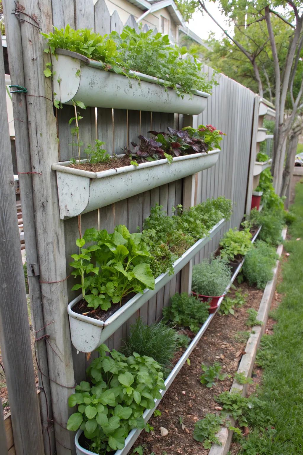 Gutters repurposed as upright planters for small spaces.