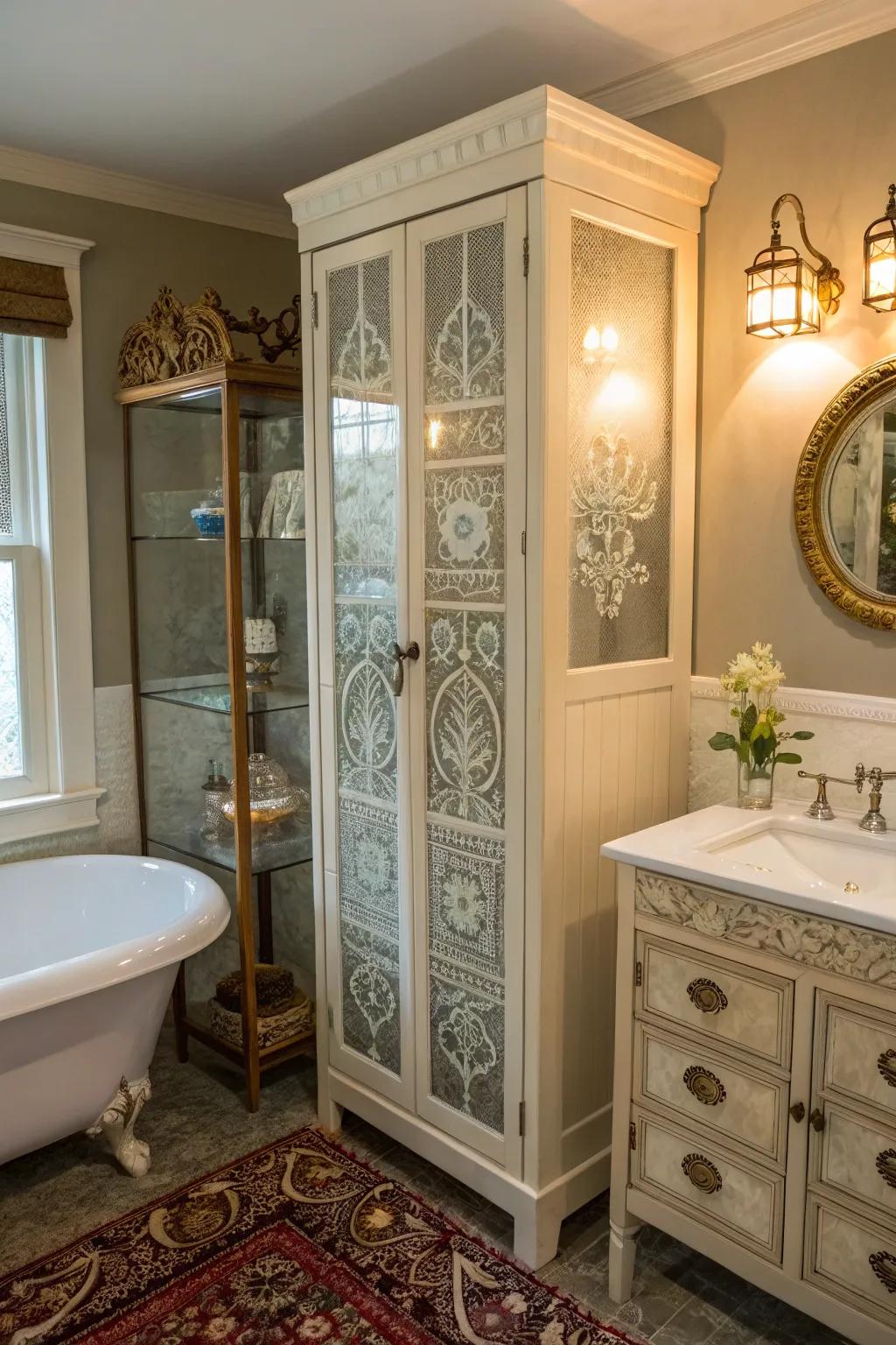 Etched glass units combine storage with elegance.