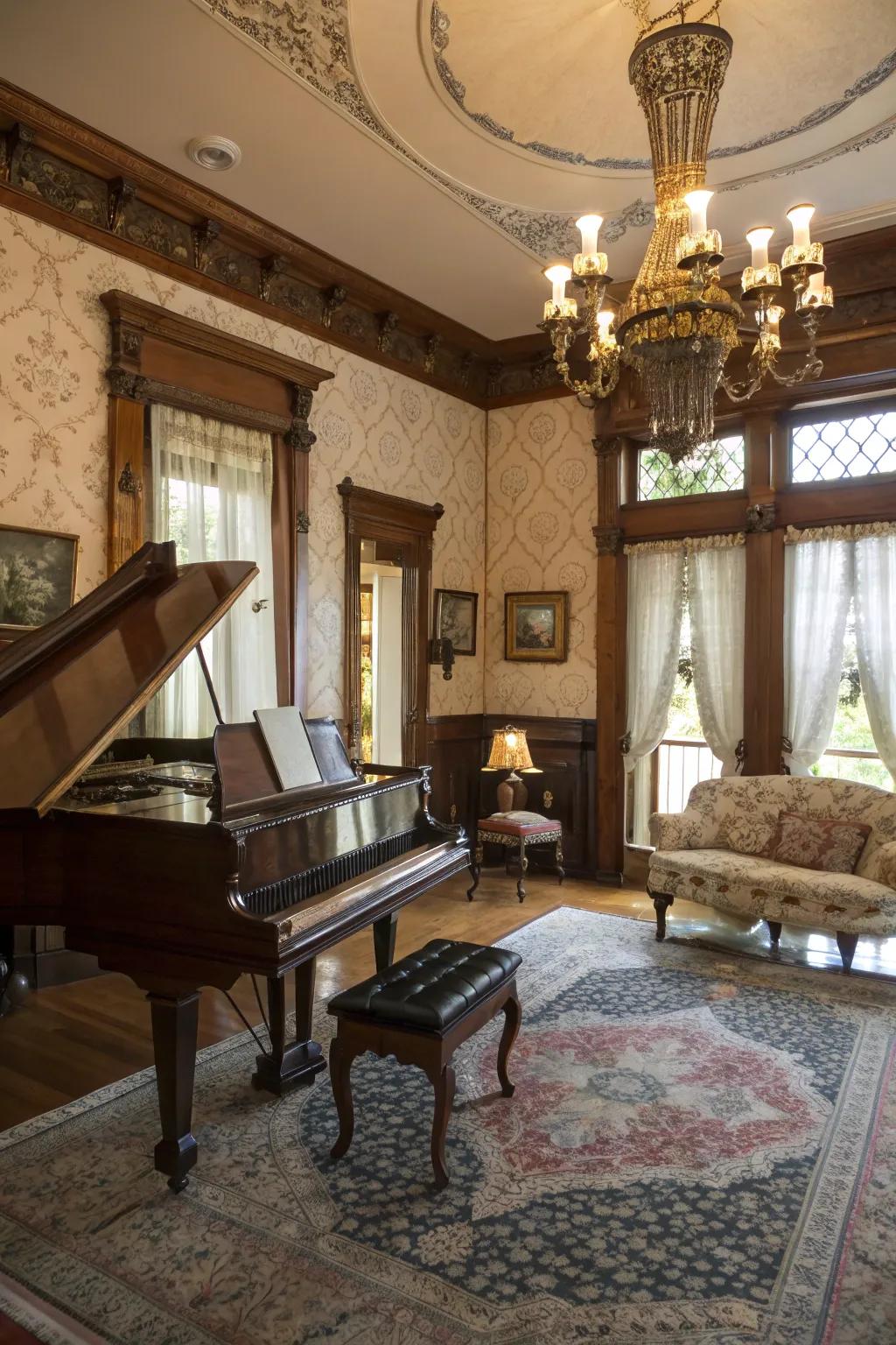 A grand piano contributes a hint of sophistication and panache to the living space.
