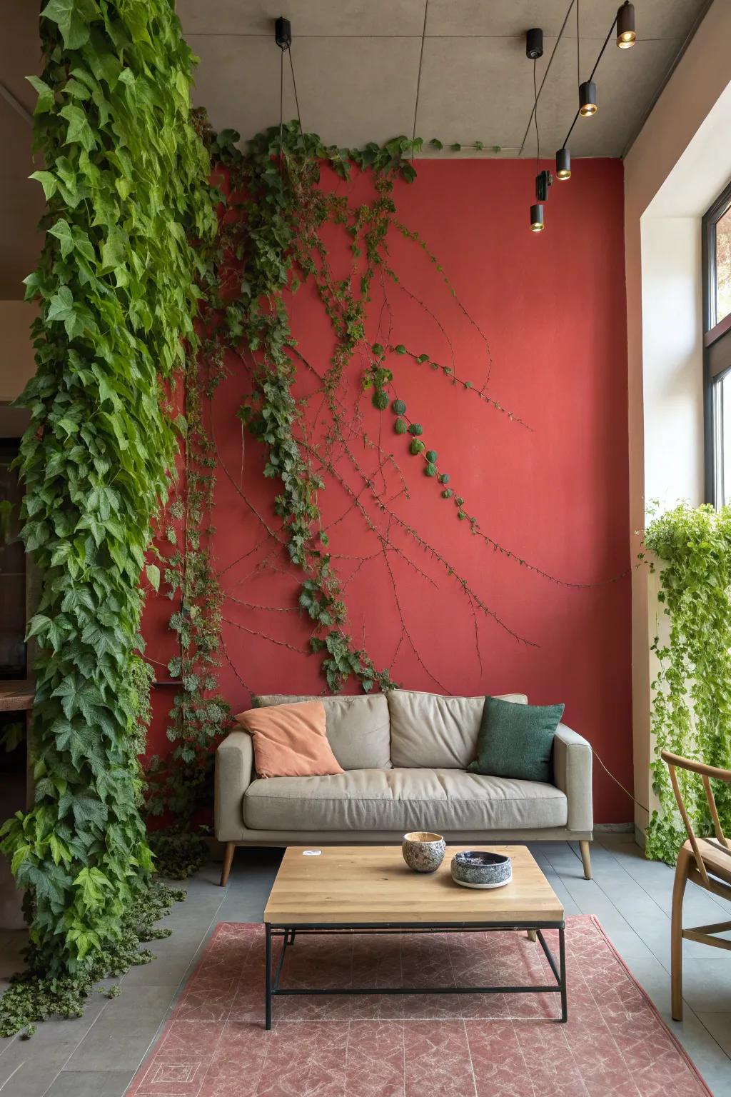 Make a statement with the contrast of bold walls and vibrant vines.