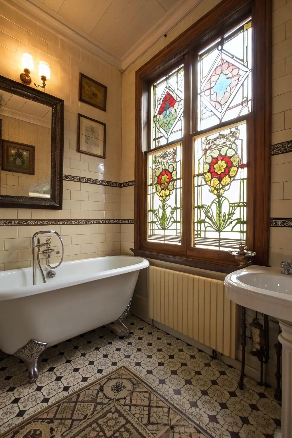 Stained glass panes add color and privacy with a retro feel.