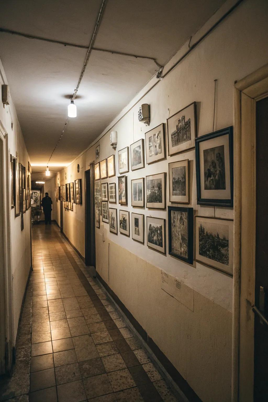 A gallery of aged photographs injects a sentimental nuance into the hallway.