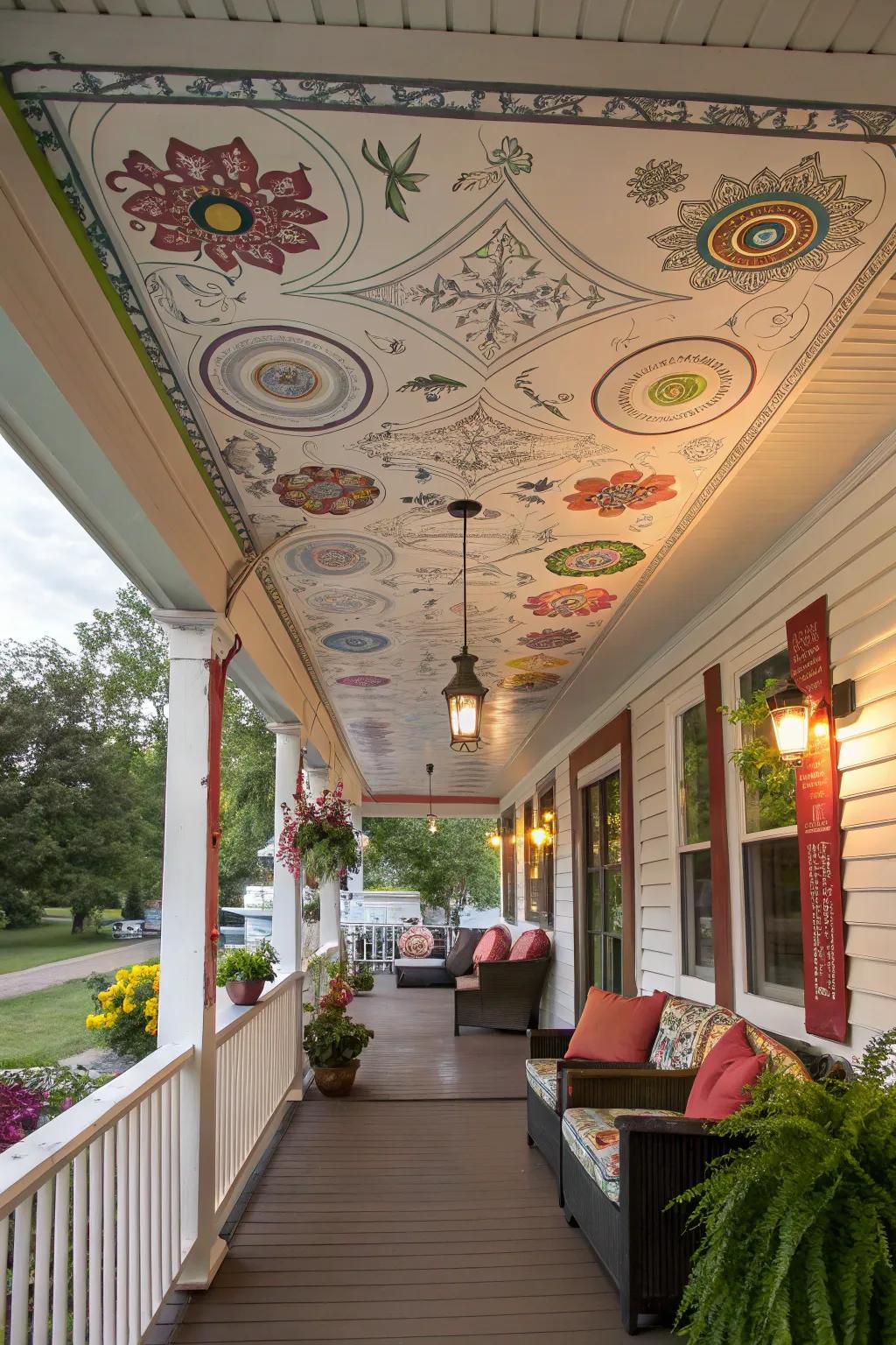 Integrated art on vinyl ceilings transforms your porch into an outdoor gallery.