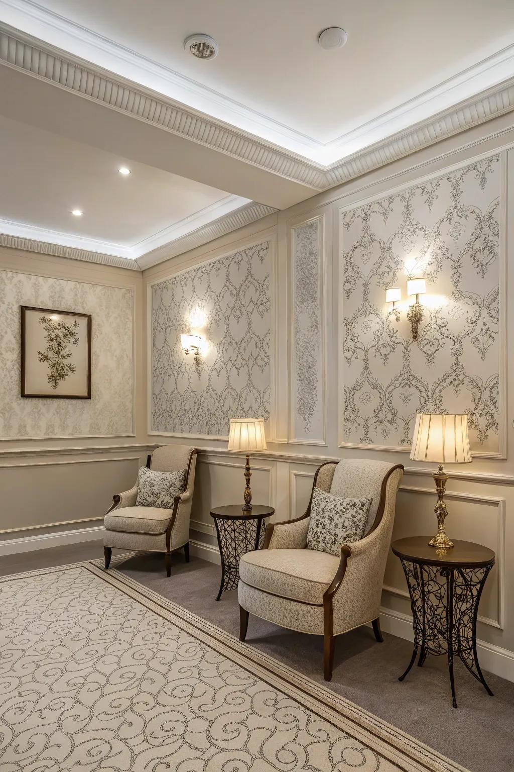 A sophisticated room with a classic monochrome wallpaper border.
