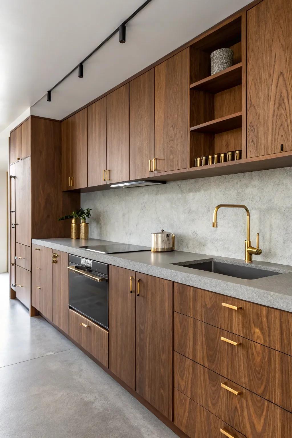 Uncommon material pairings create a standout darkwood kitchen.
