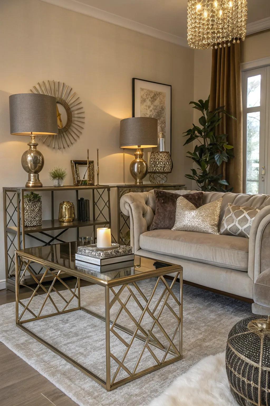 Metallic features and opulent fabrics impart a sense of glamour onto any space with neutral colors.