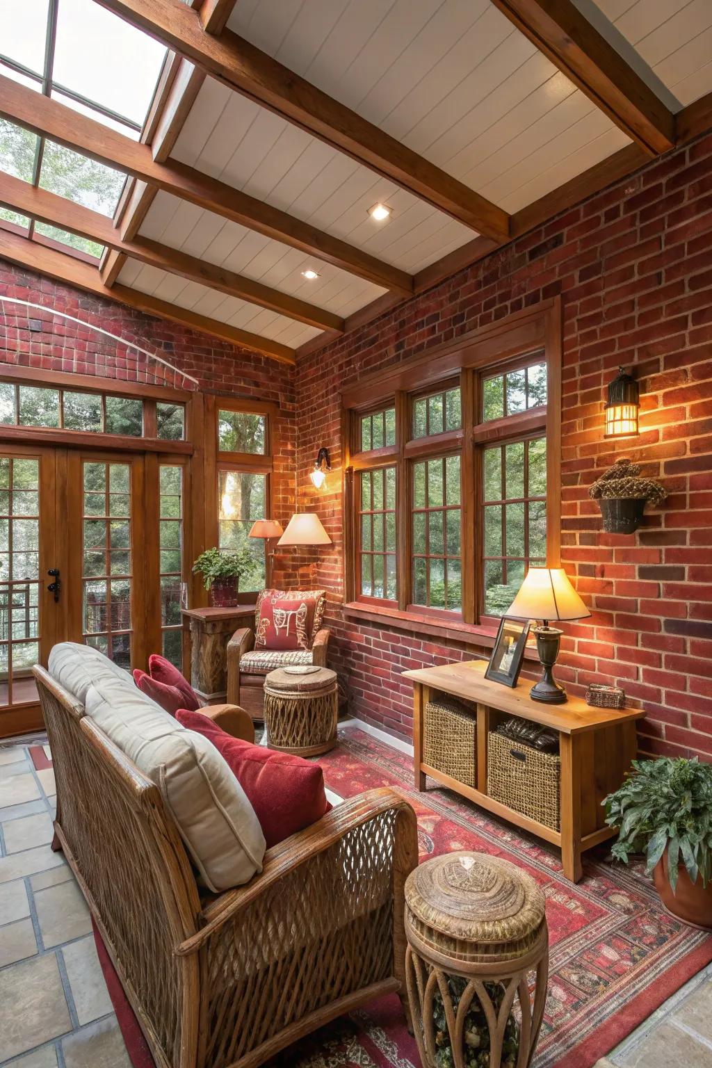 Sunroom with clay red walls, delivering rustic warmth and charm.