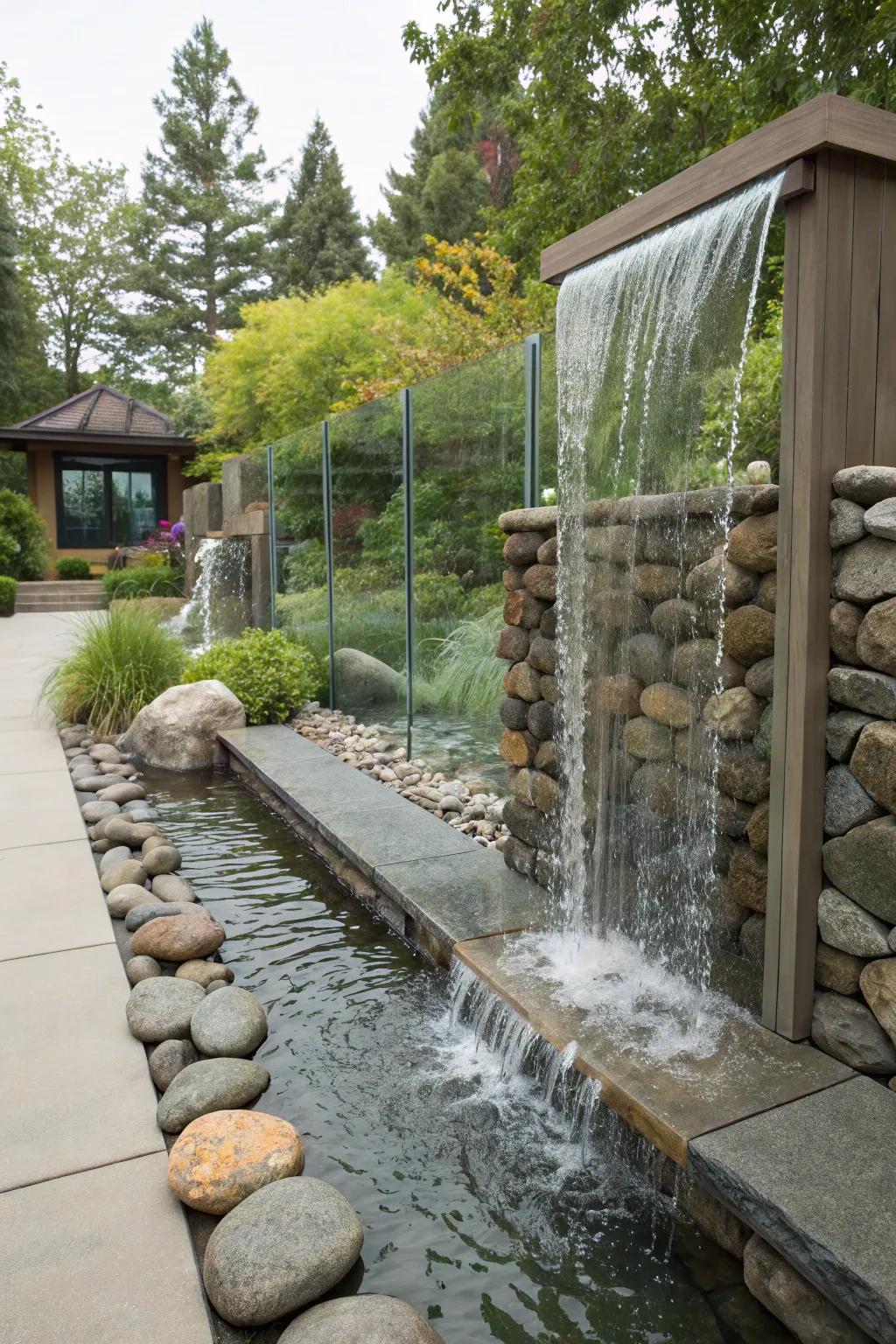 A contemporary garden water feature combining rock and glass.