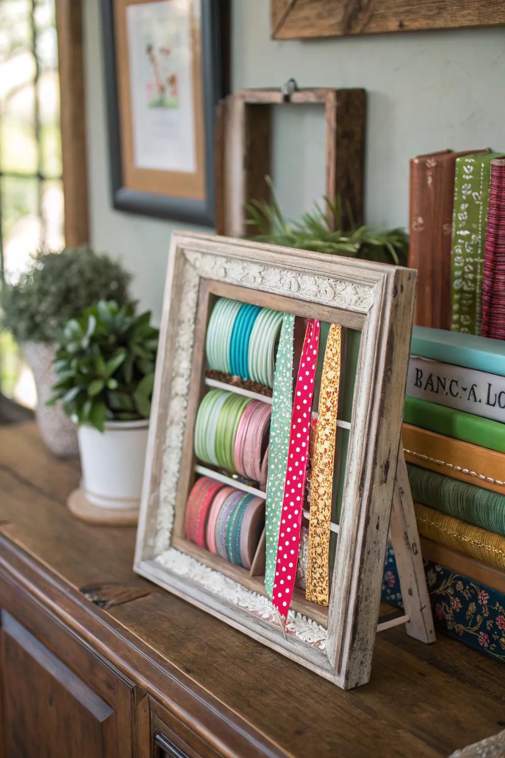 A recycled frame that creatively displays ribbons.