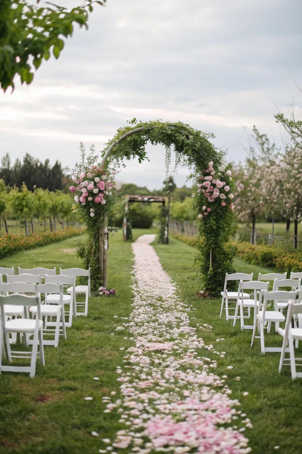 A secret garden aisle with vines creating a natural wonderland.