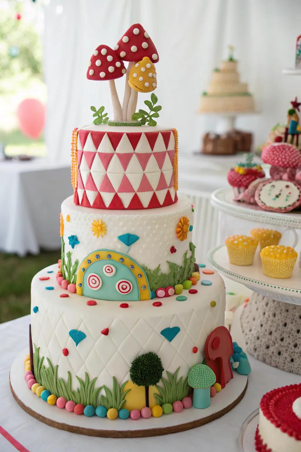A playful wedding cake with playful designs for added fun.