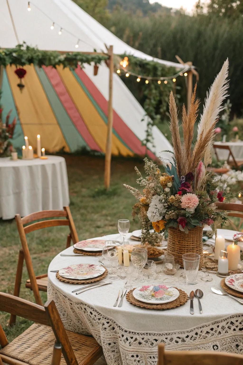 Creative flair with feathers and wildflowers.