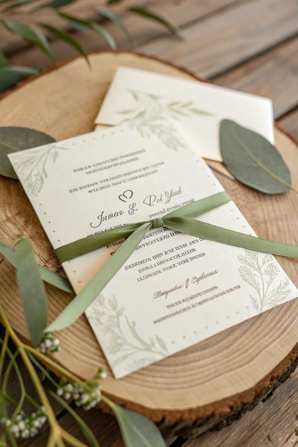 Sustainable wedding invitation with eco-friendly ribbon.