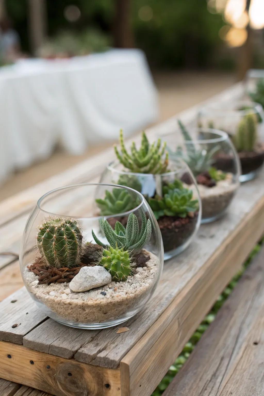 Cacti contained within glass gardens furnish a desert-inspired and earthy vibration onto your table.