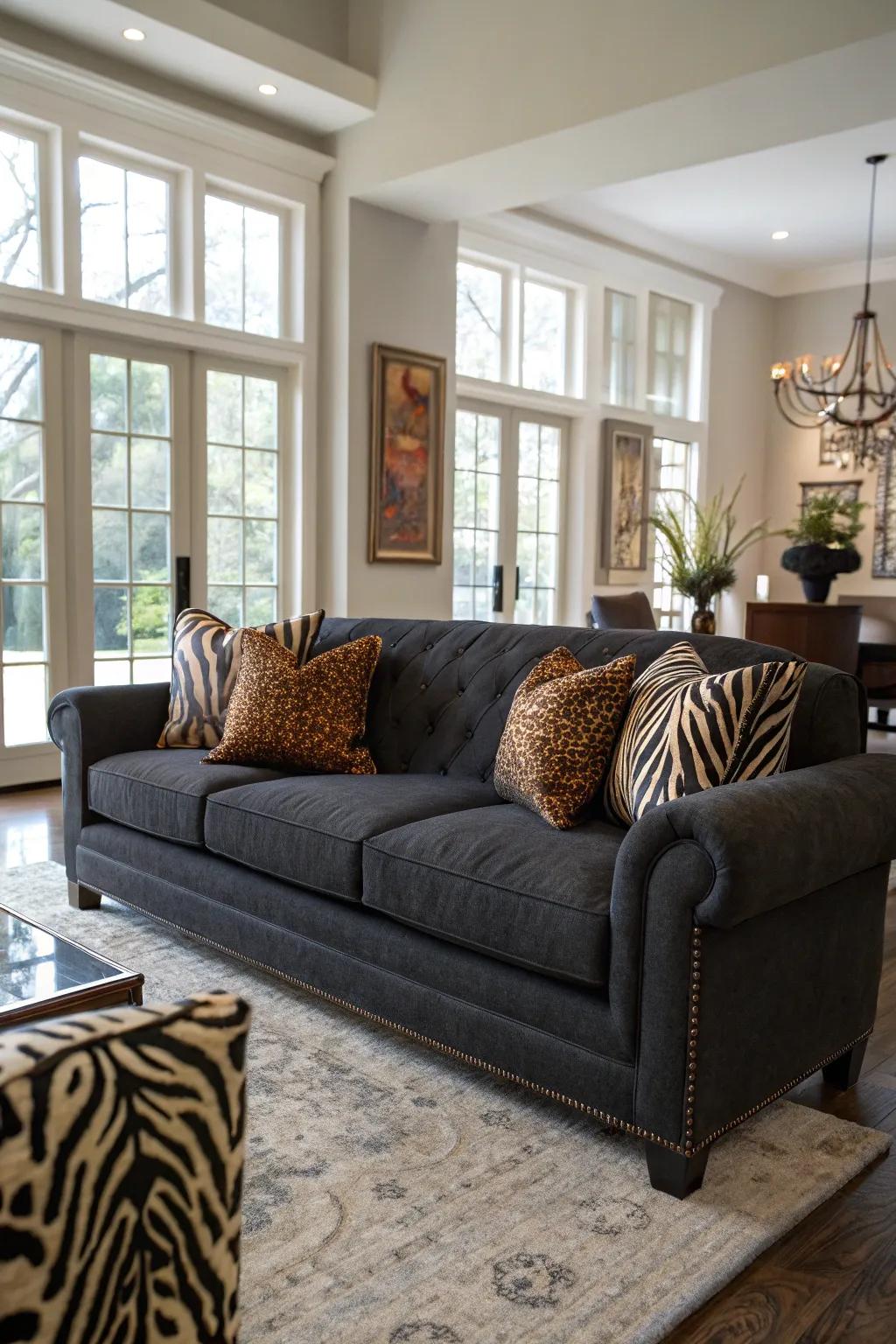 Fauna print pillows introduce a daring edge to the dark grey sofa.