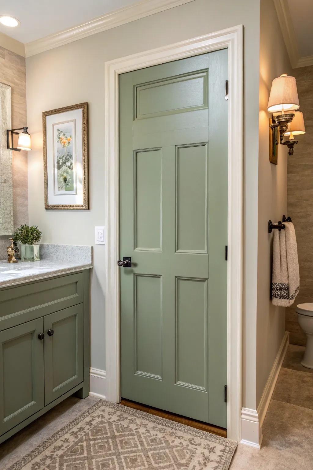 Olive doors create a sophisticated and serene atmosphere.