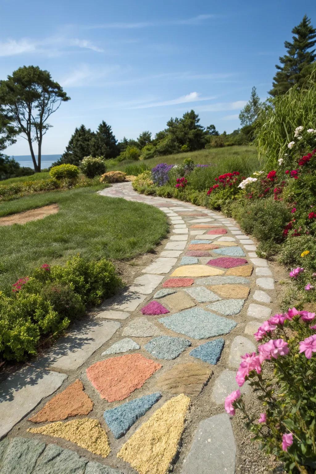 Tinted sand introduces a playful and artistic touch to stone pathways.