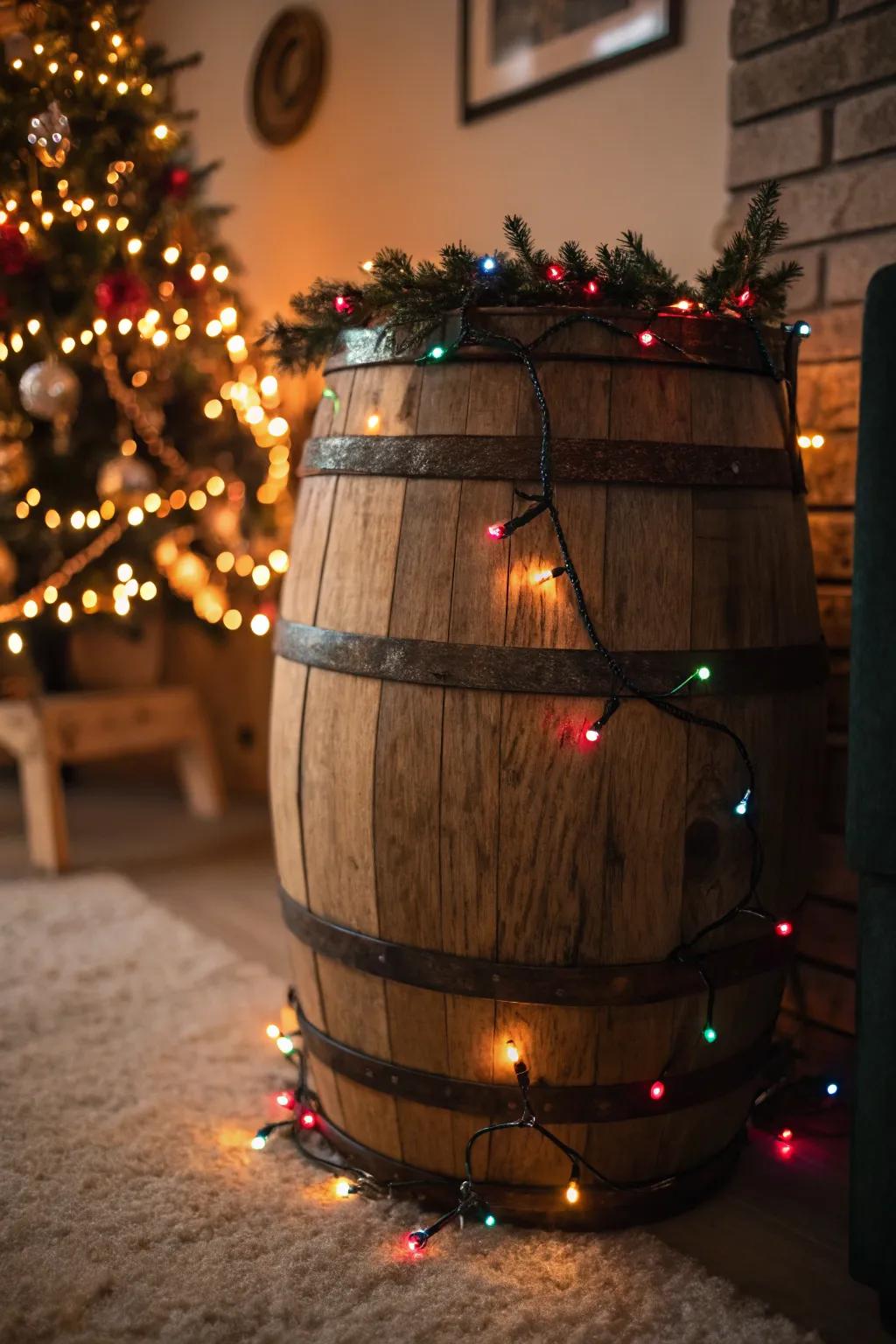 A holiday-themed repurposed cask disseminating celebratory cheer through lights.
