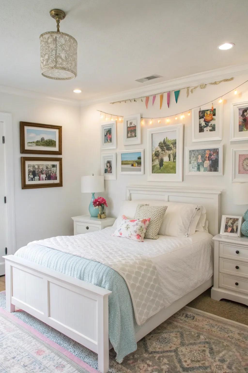Personalized art imparts warmth and character to a white bedroom.