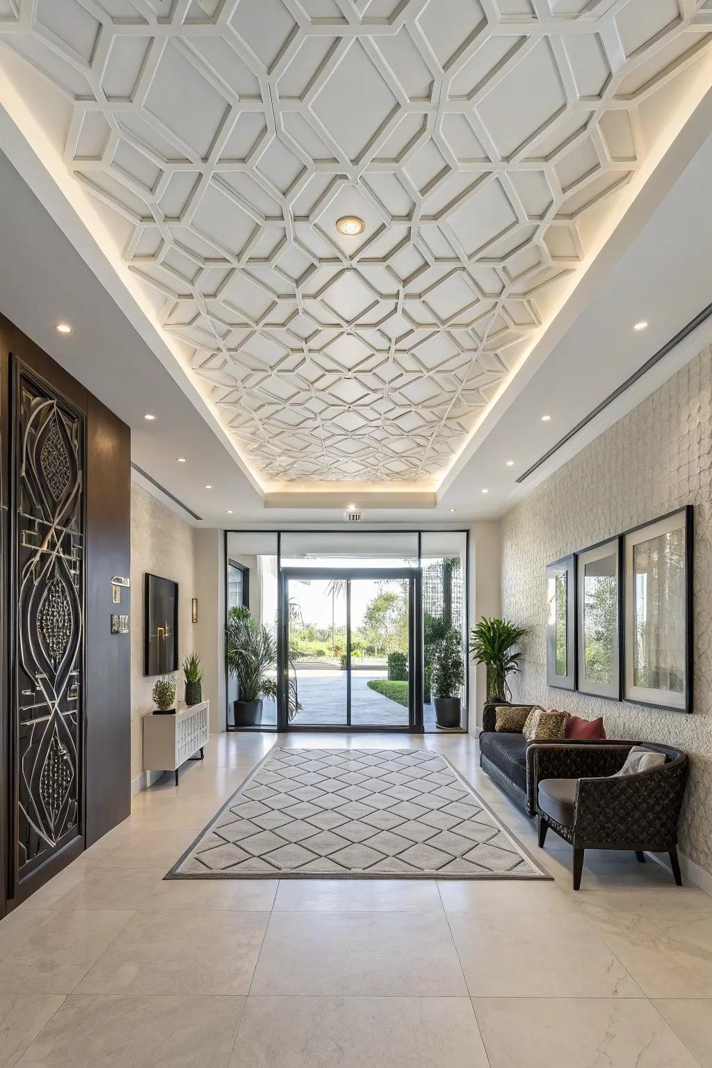 A modern entryway with a geometric-patterned white ceiling, offering a unique twist.