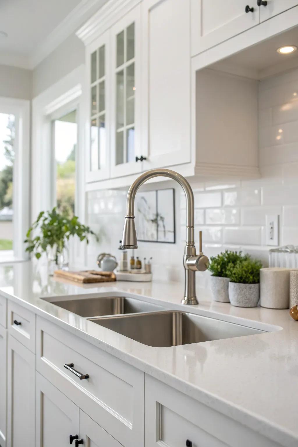 A unique spout design adds sophistication to the sink area in the white kitchen.