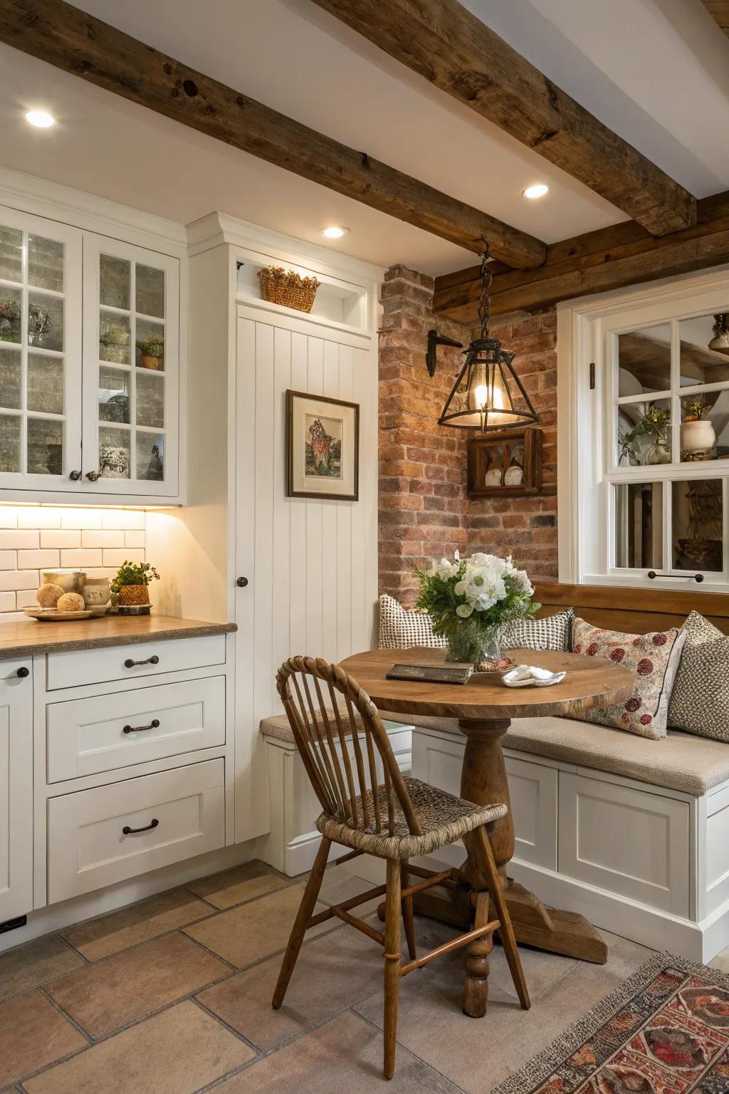 A snug corner enhances the kitchen's inviting and homely atmosphere.