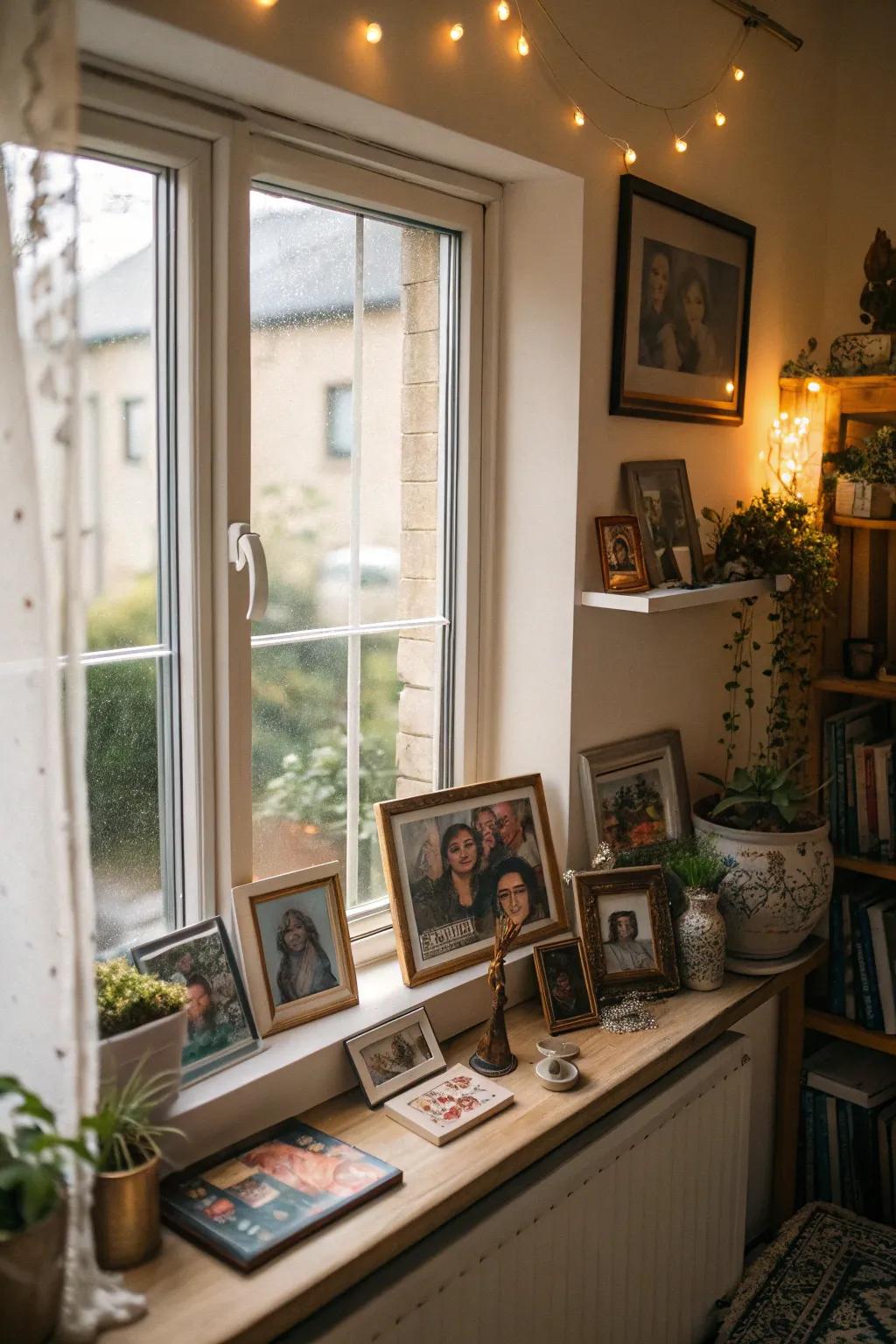A window space personalized with photos and keepsakes.