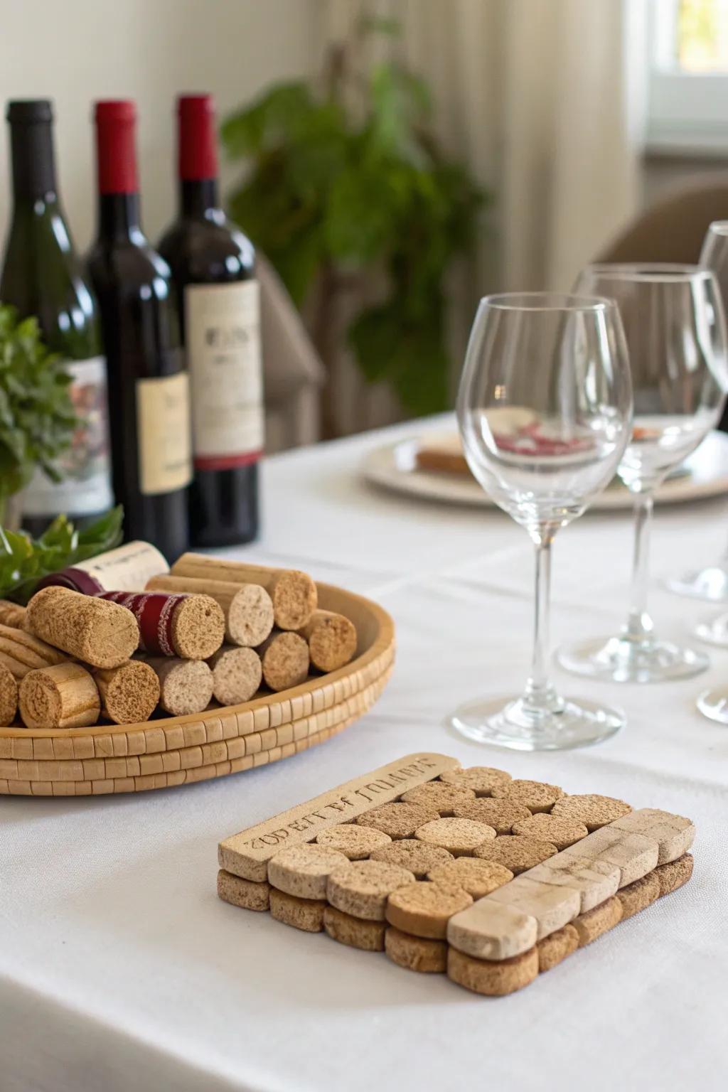 DIY wine cork coasters add a personal and rustic touch.