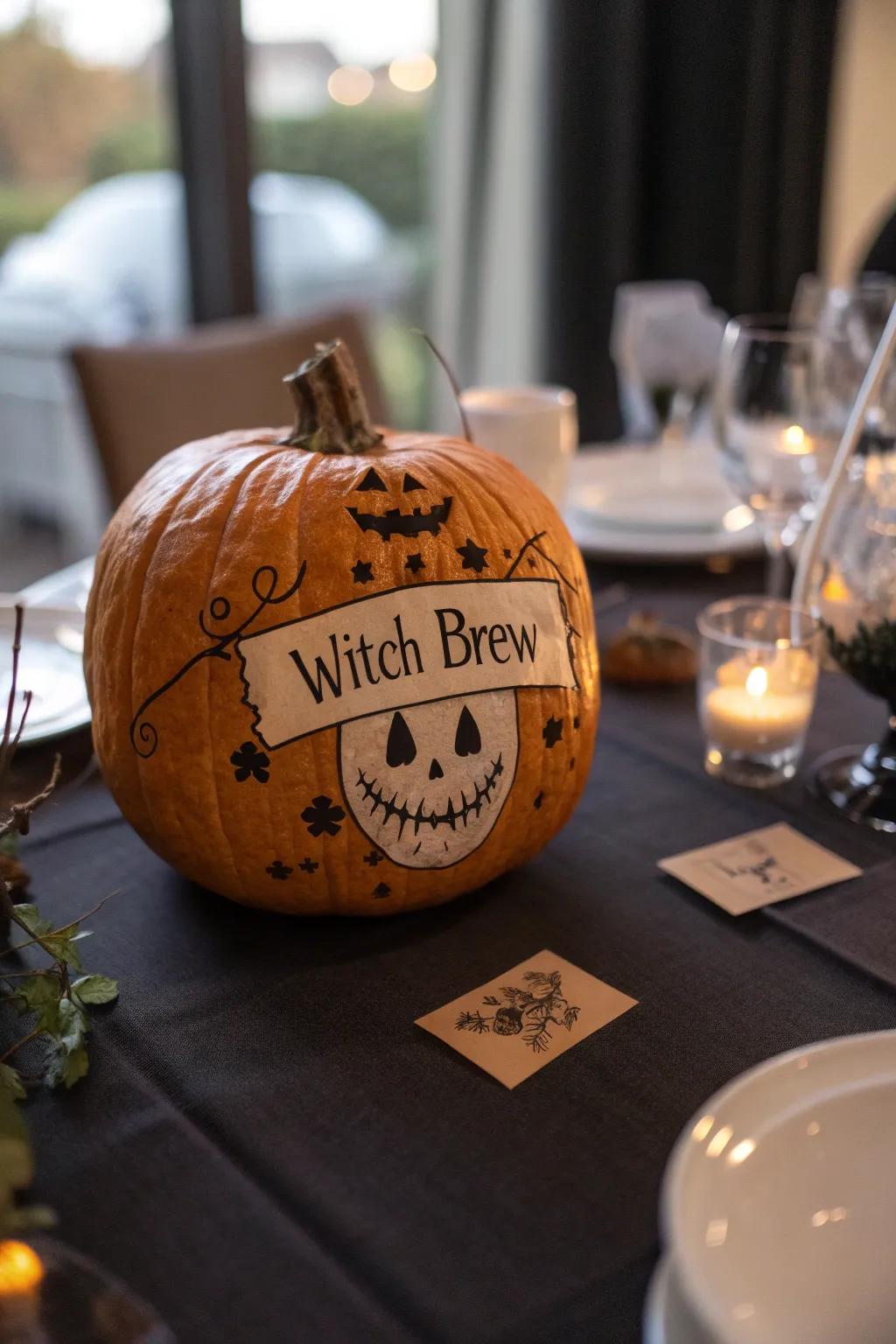 Pumpkin embellished with creative enchantress's mixture labels.