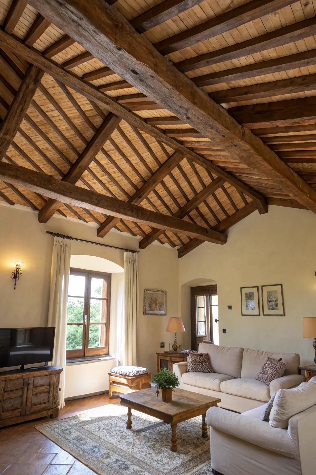 Creative ceiling pattern created using wood beams.