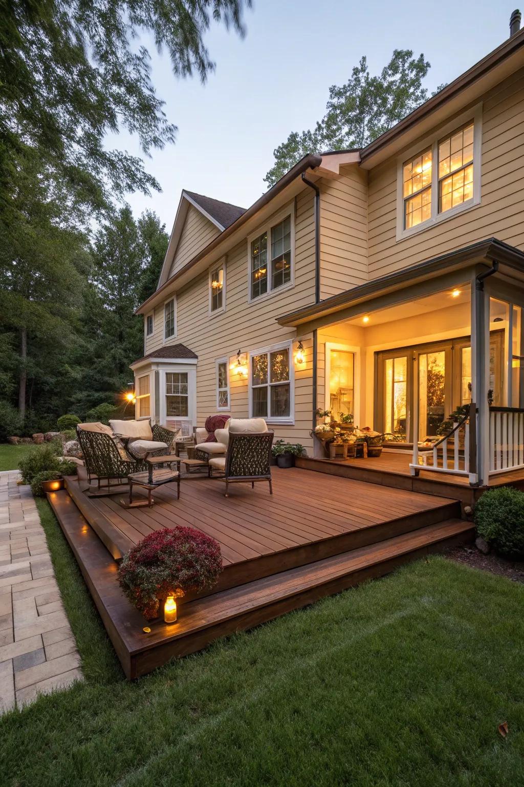 Cherry decking adds a rich and elegant touch to a tan house.