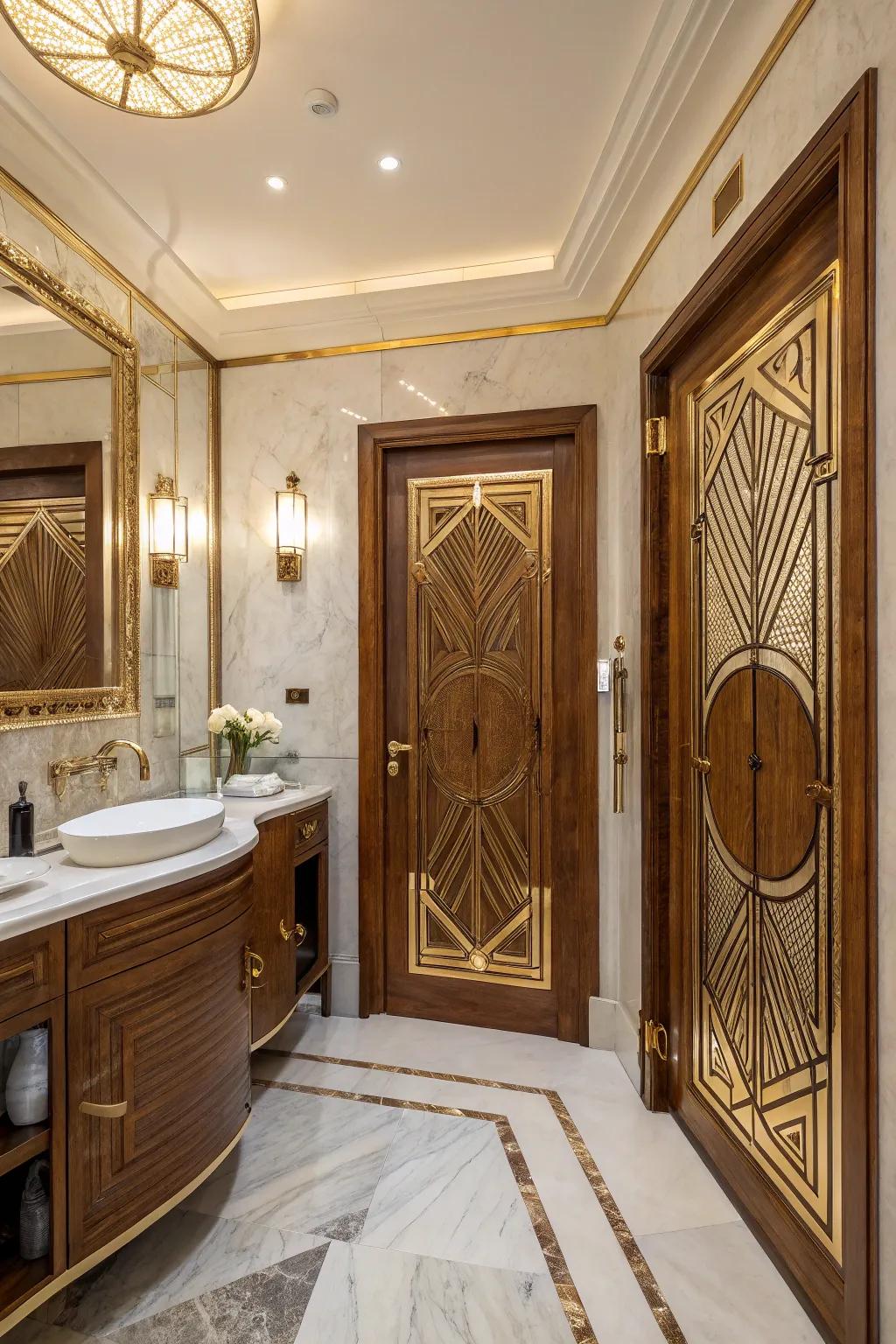 Art Deco designs in wood bring a glamorous touch to bathroom decor.