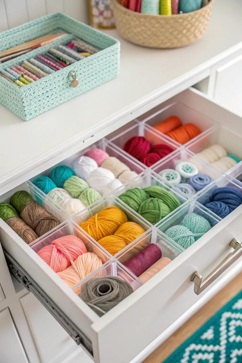 See-through drawer dividers keep yarn tidy and easy to access.