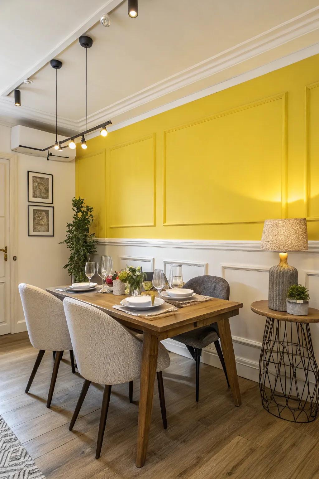 A dining area with a bold yellow accent wall.