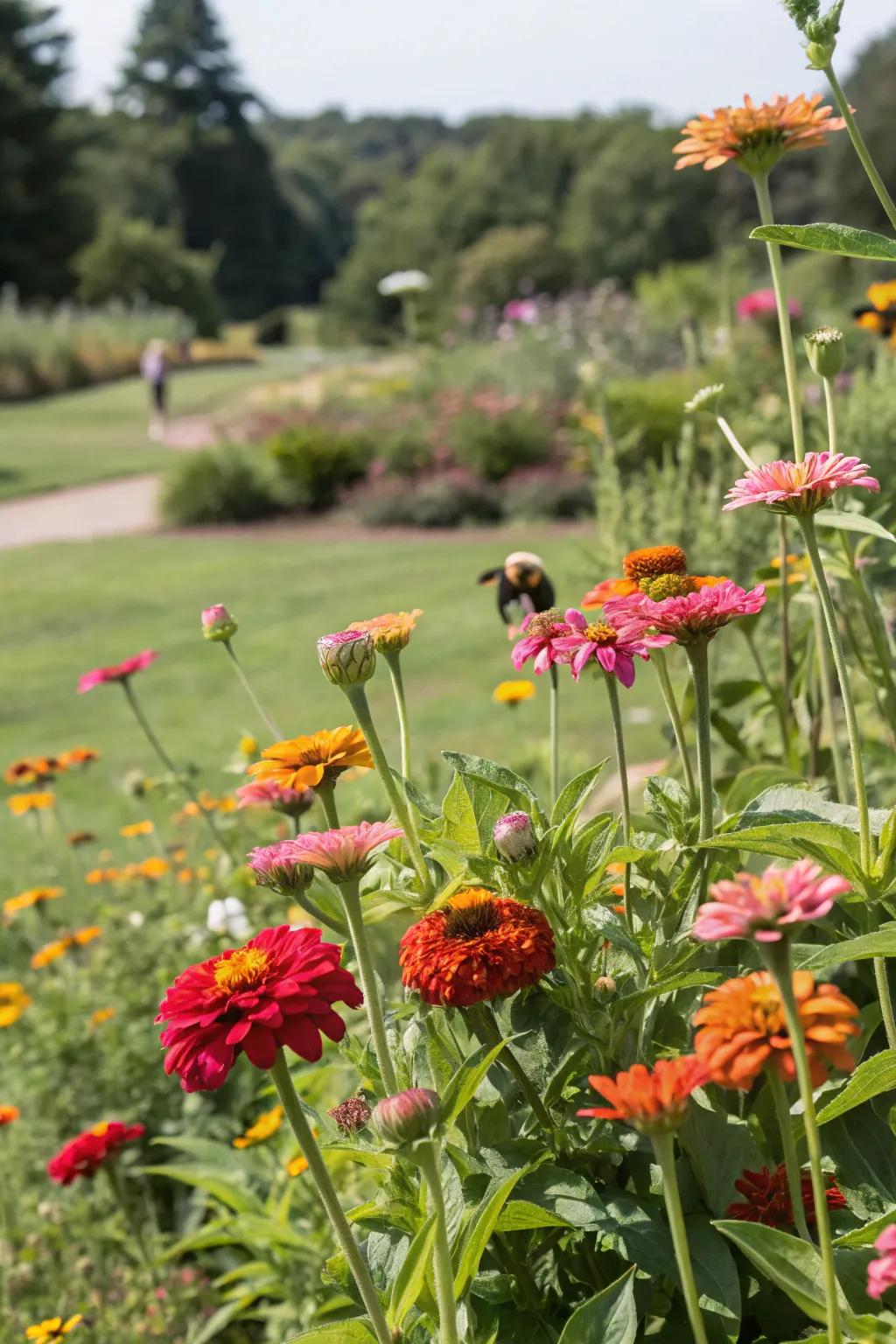 An energetic wildlife refuge with zinnias and indigenous flora.