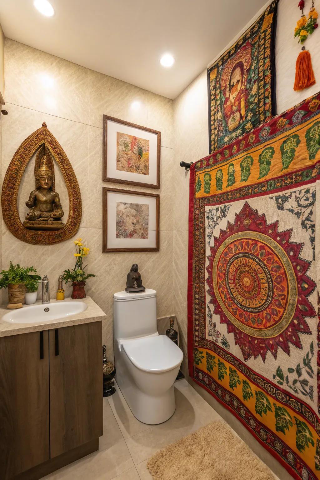 Cultural elements contribute depth to this powder room.