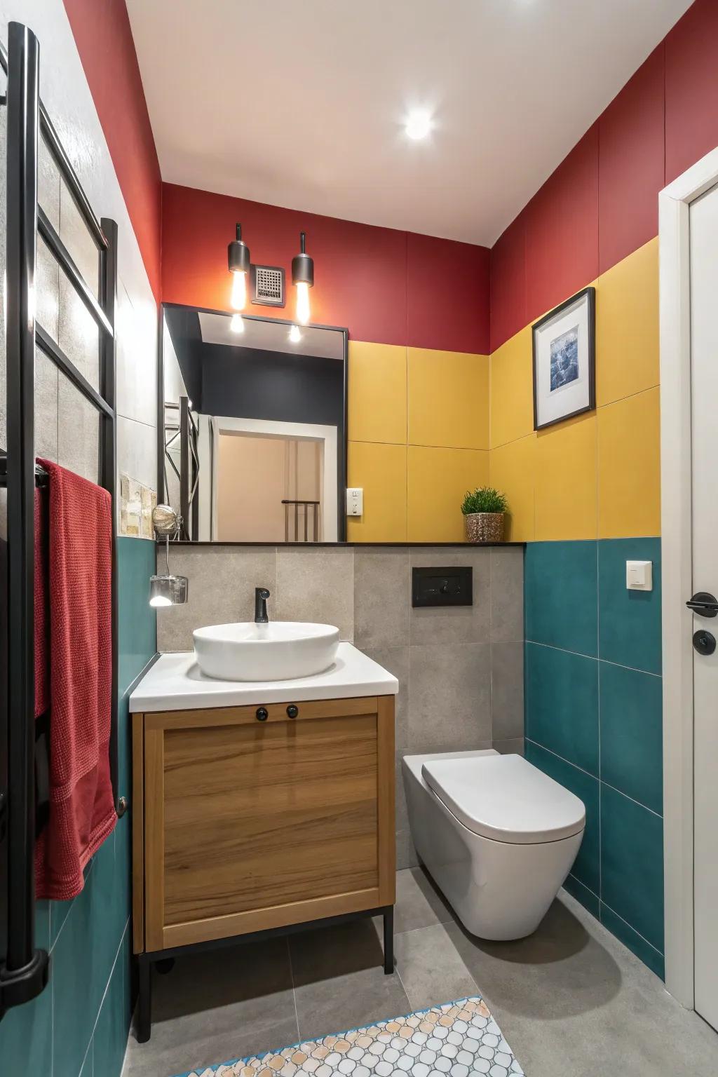 Color block creativity adding visual appeal and defining zones in the bathroom.