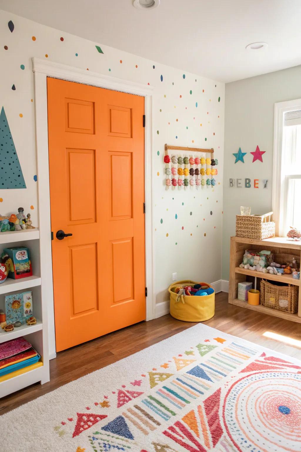 A tangerine 6-panel door adds energy to this lively playroom.