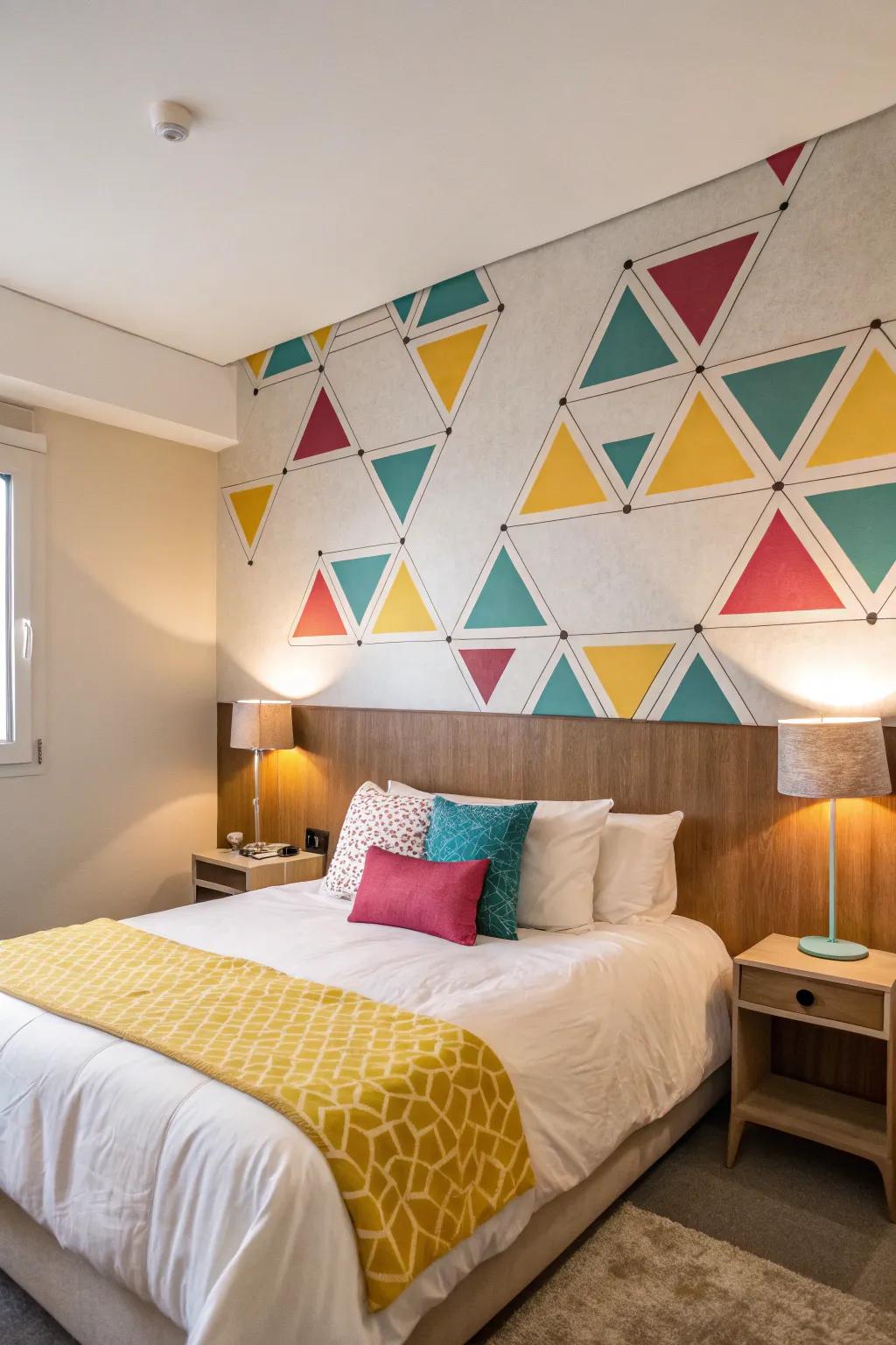 Geometric wall shapes add a modern flair above the bed.