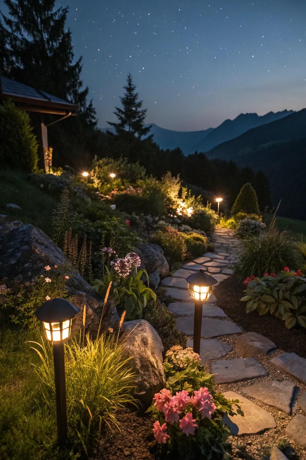 Enchanting mountain garden aglow with soft lighting.